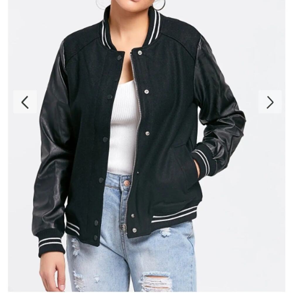 Zara Women’s Black Faux Leather Varsity Bomber Jacket Outdoor Size XS
